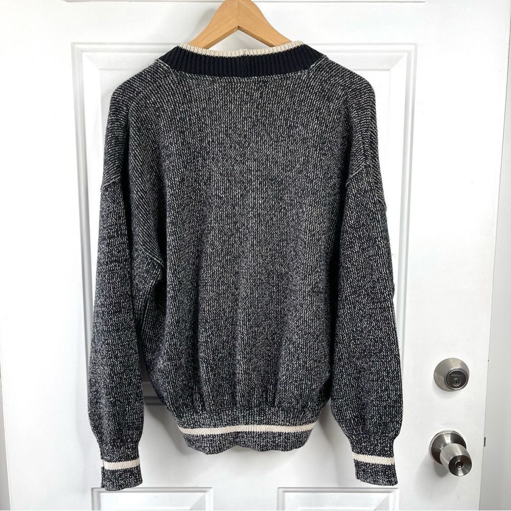 Vintage Sweater Lightning Bolt Patch Black Tan Grandpa Cardigan Size Small - Picture 9 of 12